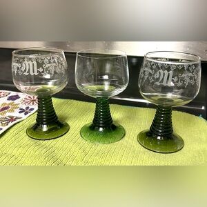 3 Vintage Roemer Schott Zwiesel, Green, Ribbed Beehive Stem Wine Glass. 5.5”
